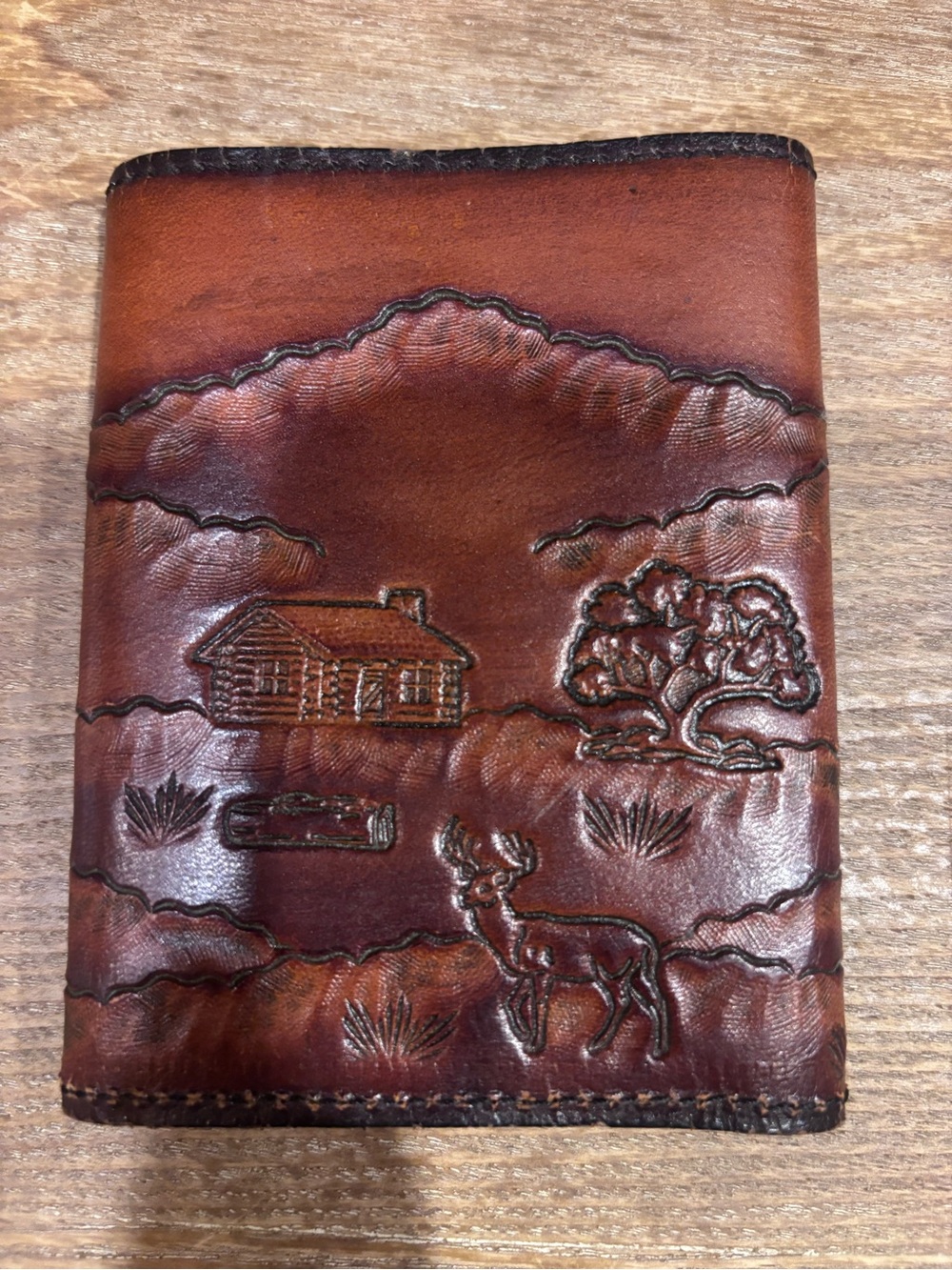 Hand-Tooled Brown Leather Journal Cover with Wildlife Scene